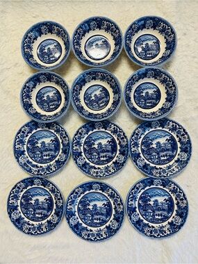 Blue and White Porcelain Scenic Salad Plates - Set of 12 ( 7’ and 8’)